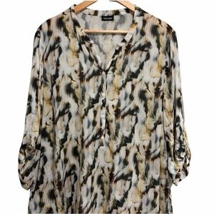 Trendy Women's Abstract Print Blouse with Half Button-Up Front and Roll-Up Tabs